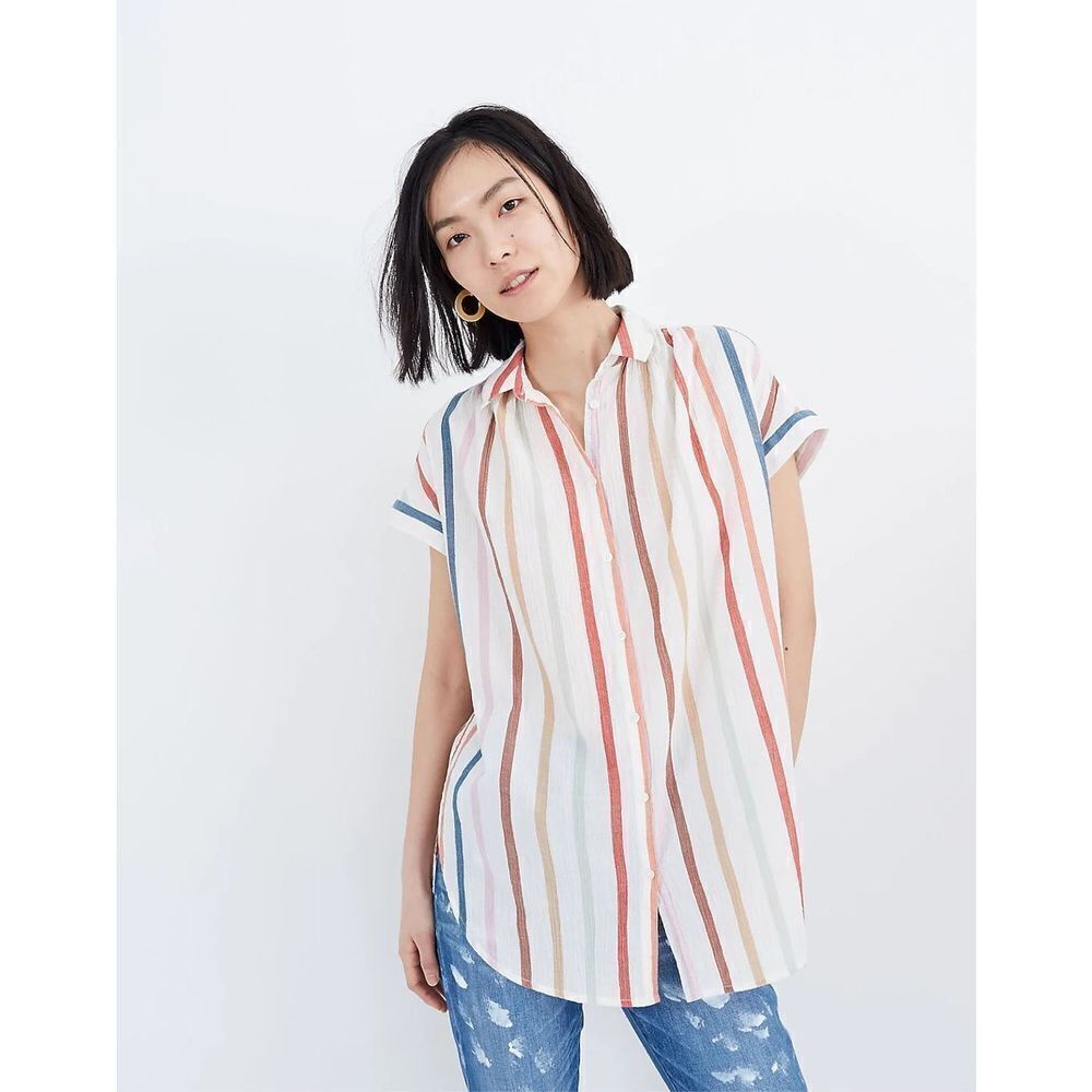 Madewell Gauze Central Tunic Button Down Short Sleeve Shirt in Rainbow Stripe XX